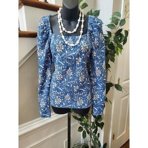 Loft Women's Blue Floral Polyester Square Neck Long Sleeve Top Blouse Size XS